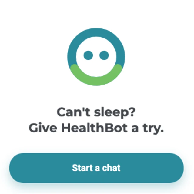 HealthBot opening screen: &ldquo;Can&rsquo;t sleep? Give HealthBot a try.&rdquo; with a Start a chat button