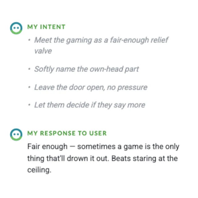 Reasoning panel showing the model&rsquo;s intent and the response it sent